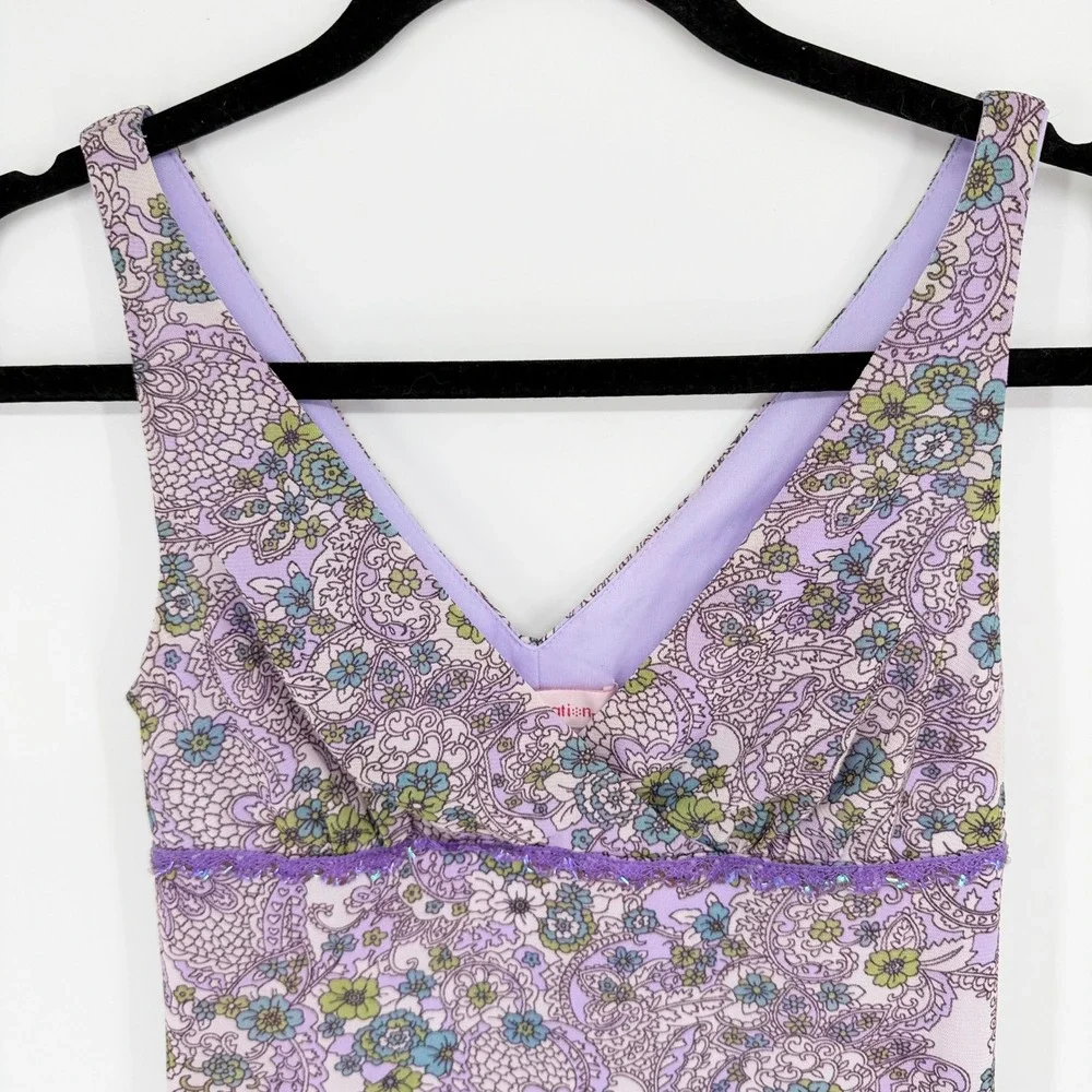 VTG Xhilaration Fairy Mini Dress Sz S Purple Floral Mesh Y2K Sequin Lettuce Hem